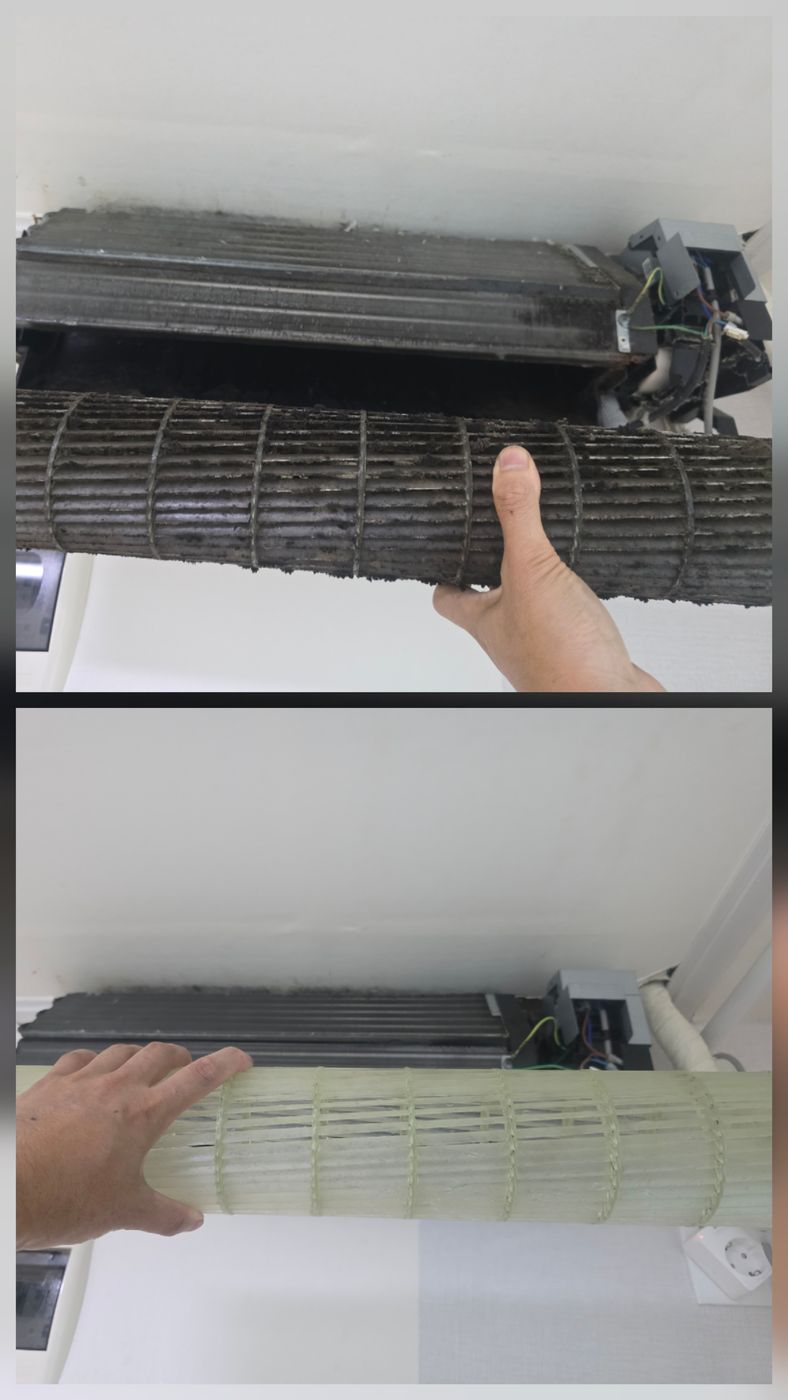 송풍팬. 위는 먼지가 두껍게 낀 상태, 아래는 세척 후 깨끗한 상태